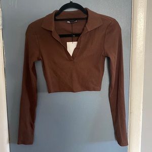 NEW Zara brown long sleeve crop top
